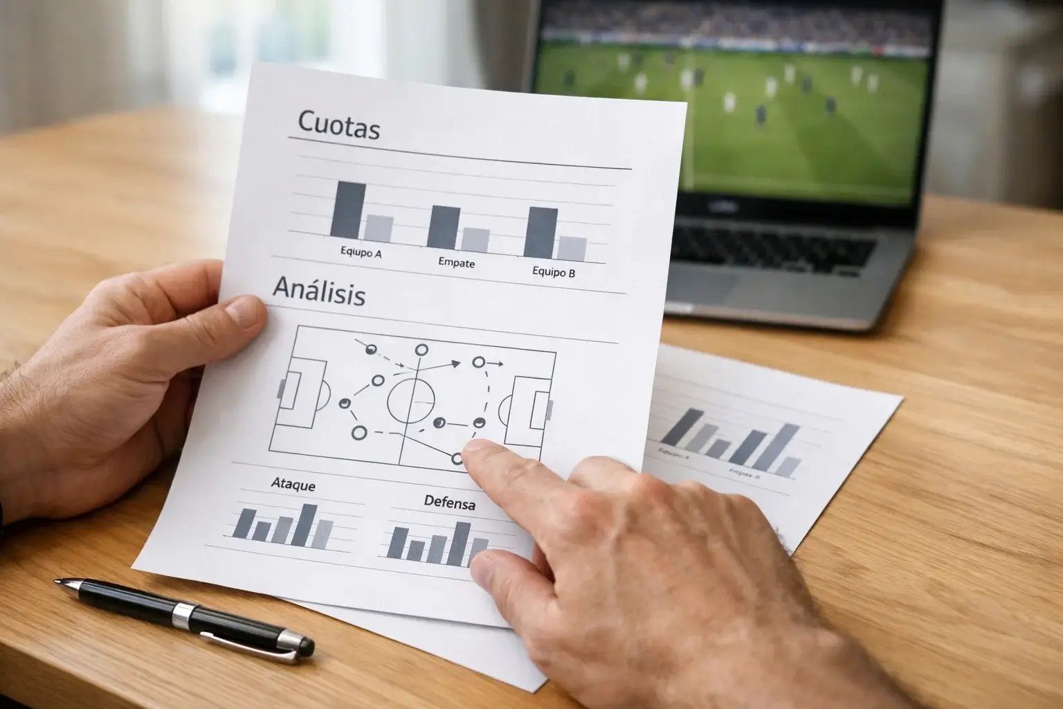 Persona analizando estadísticas de fútbol en un documento con bolígrafo en mano