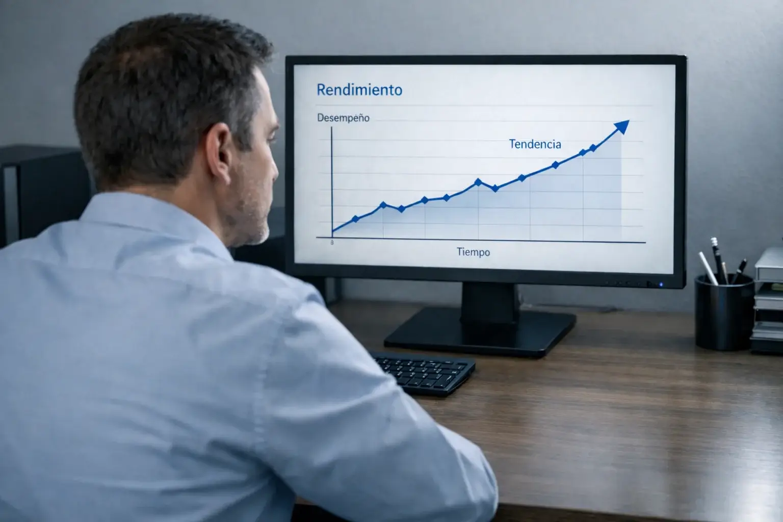 Analista deportivo revisando gráfico de rendimiento de equipos en pantalla de ordenador