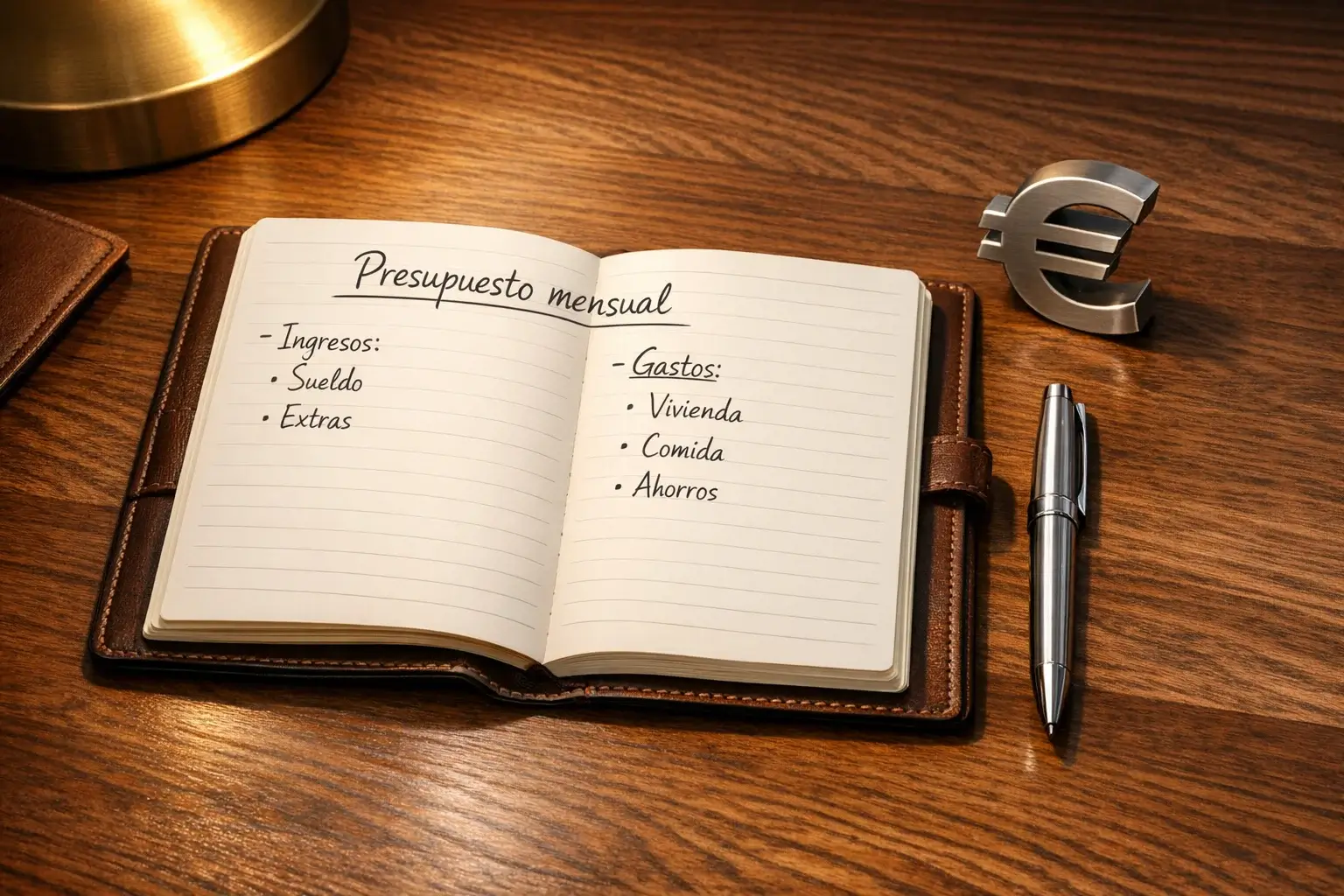 Bloc de notas con planificación financiera junto a símbolo de euro sobre escritorio