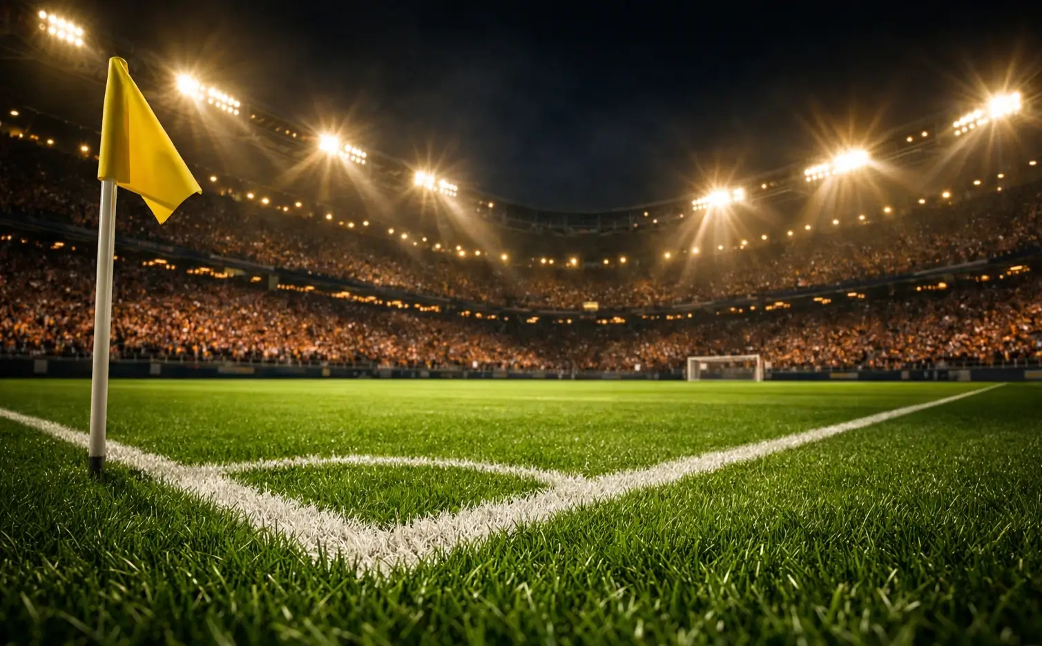 Estadio de fútbol iluminado bajo el cielo nocturno con aficionados en las gradas