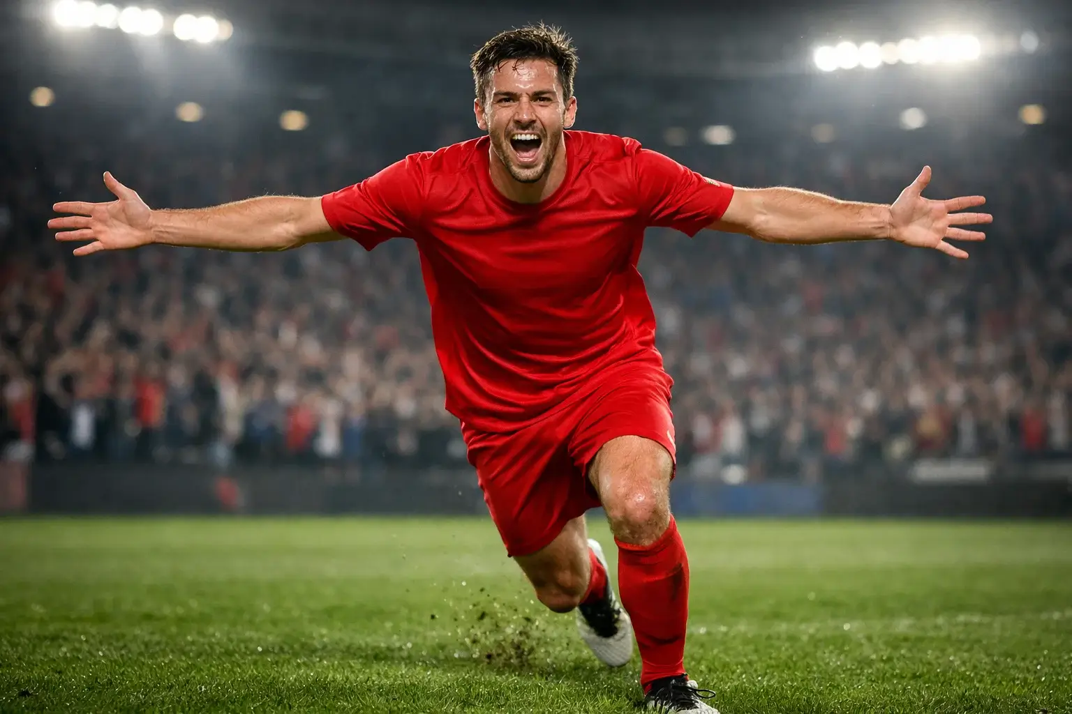 Delantero de f&uacute;tbol celebrando un gol con los brazos abiertos