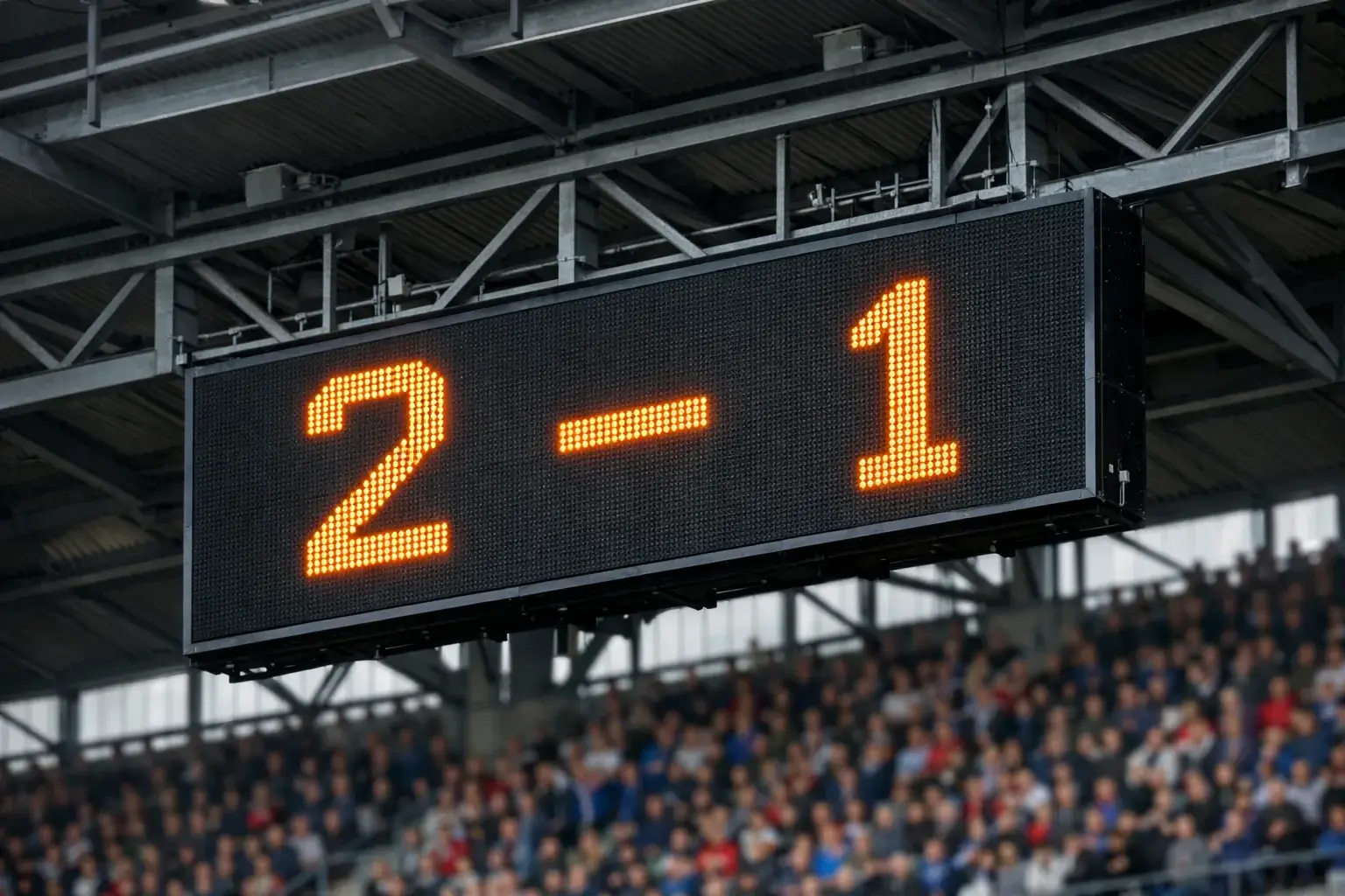 Marcador electr&oacute;nico mostrando el resultado de un partido de f&uacute;tbol