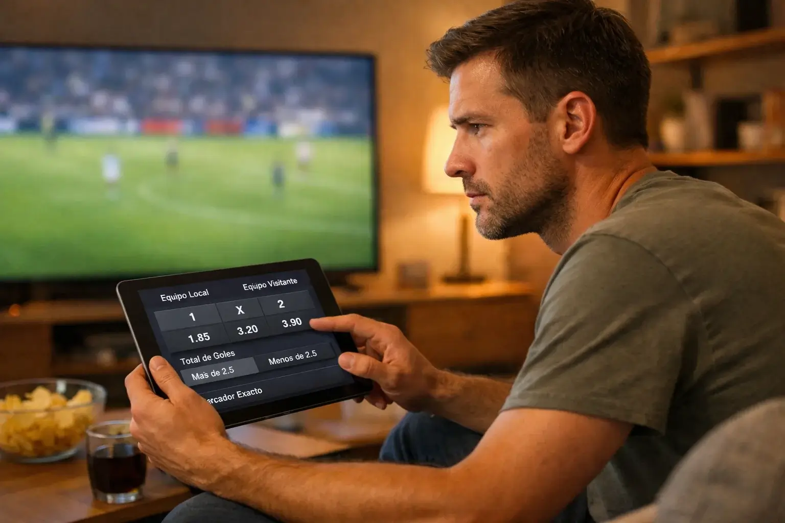 Aficionado viendo un partido de f&uacute;tbol en vivo con tablet en mano