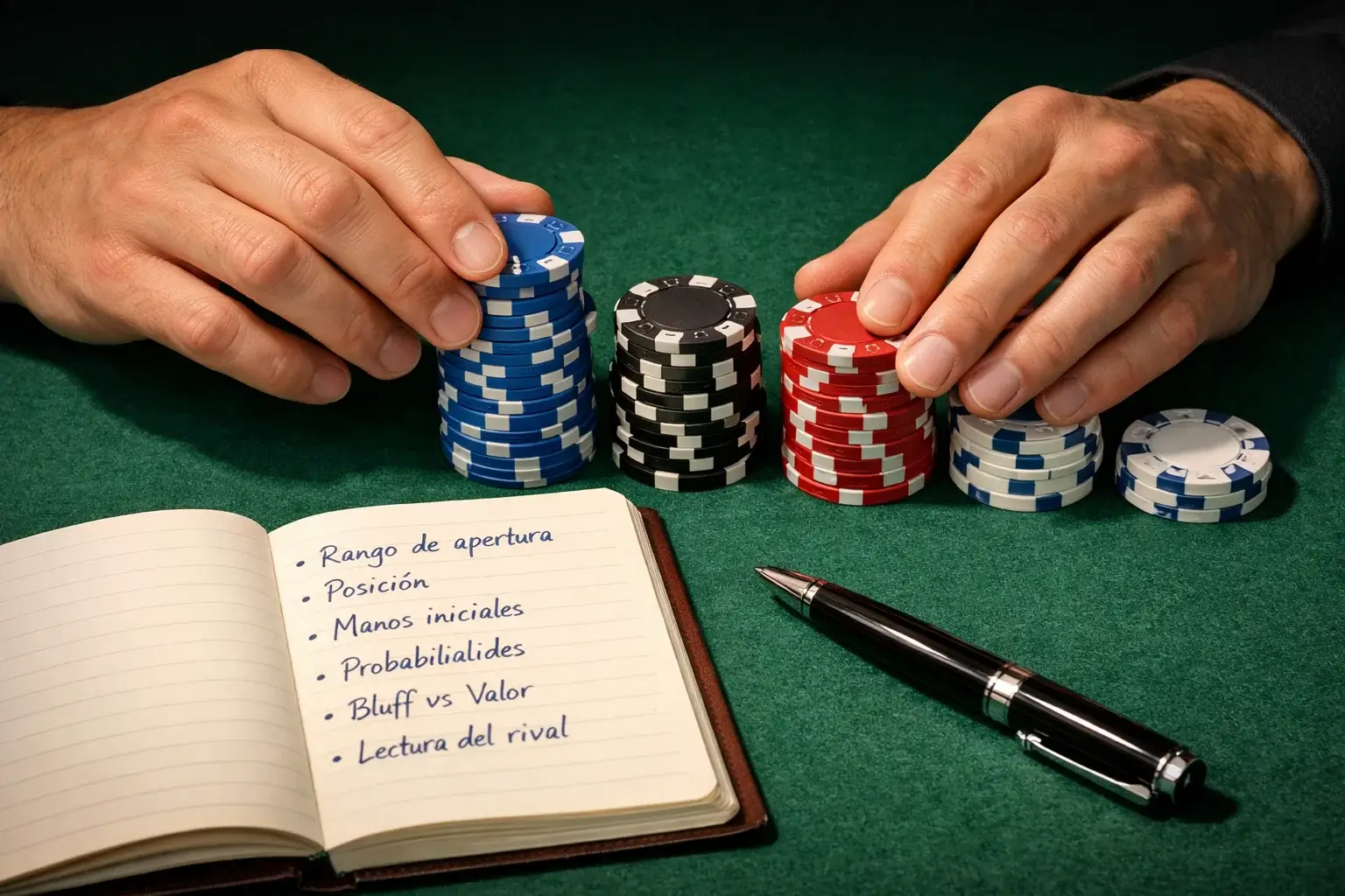 Persona organizando fichas y notas para gesti&oacute;n de presupuesto