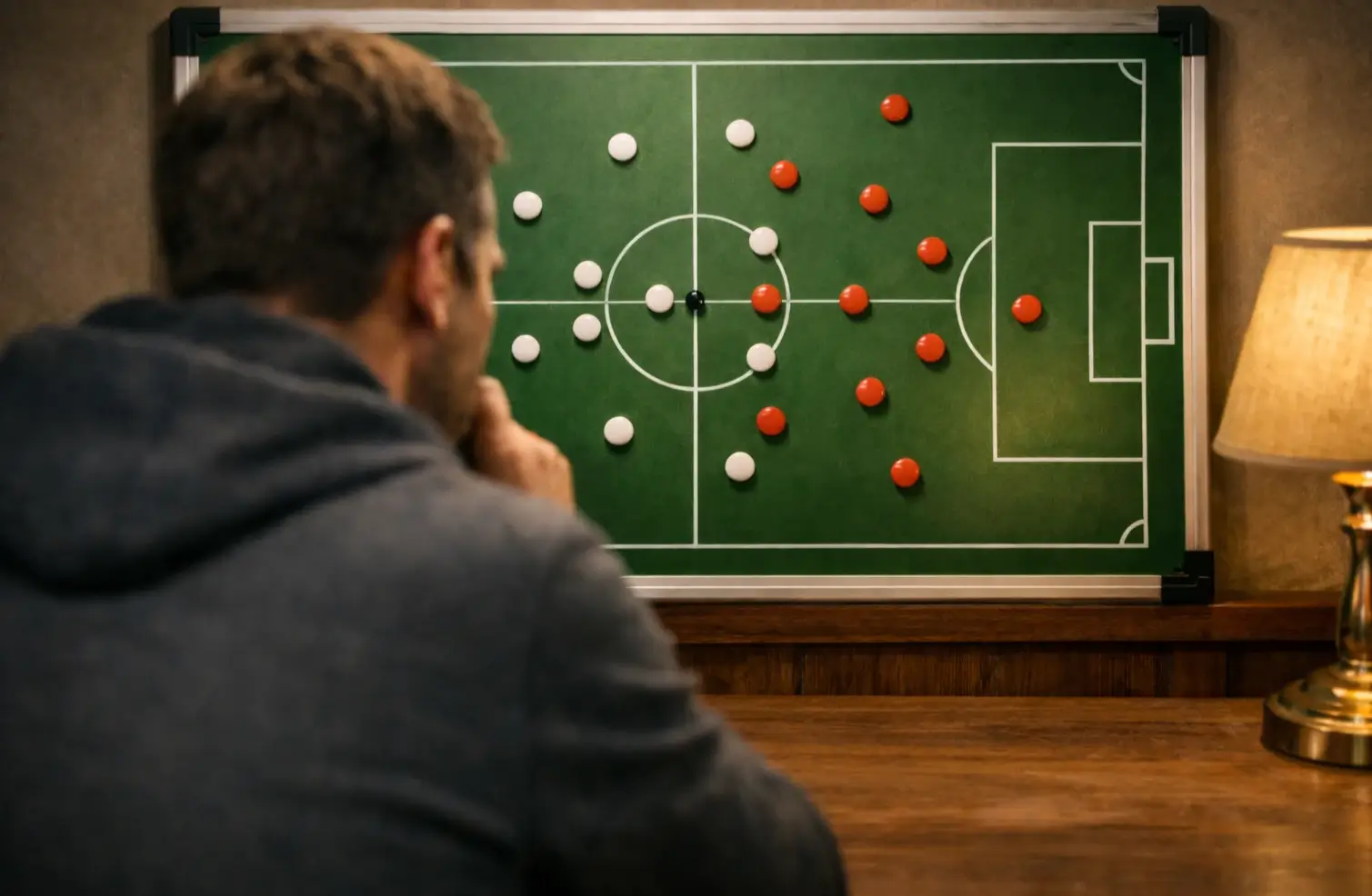 Persona analizando estrategias con tablero táctico de fútbol