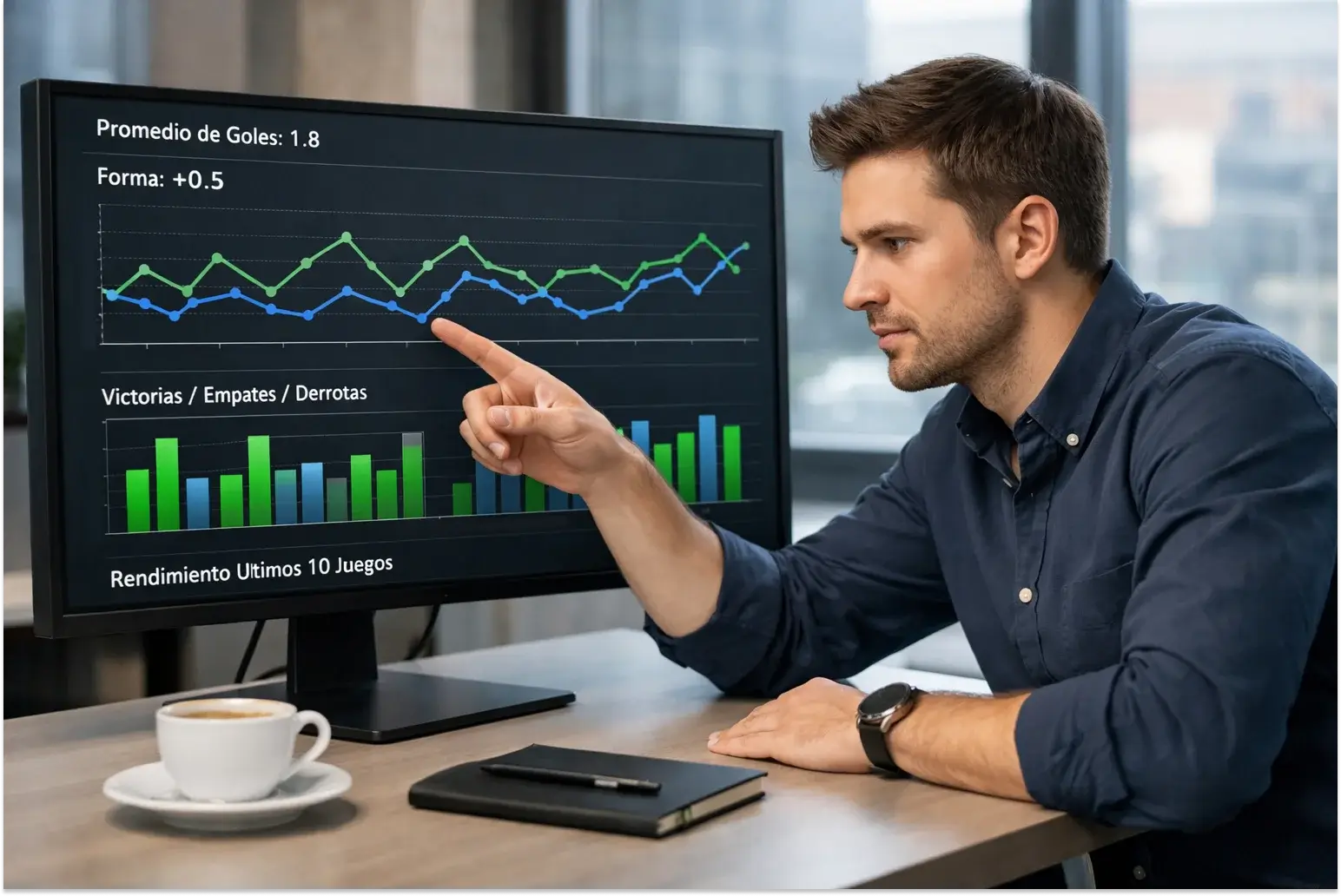 Profesional analizando datos y estad&iacute;sticas deportivas en pantalla