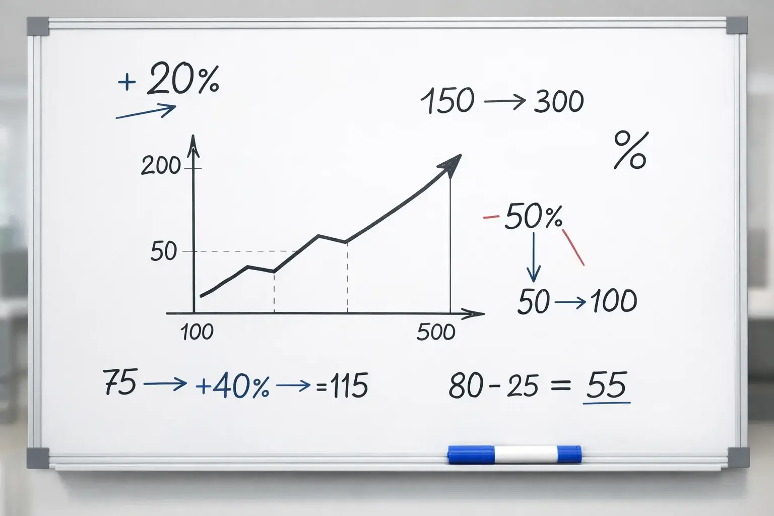 Pizarra con f&oacute;rmulas matem&aacute;ticas y gr&aacute;fico de l&iacute;neas ascendente