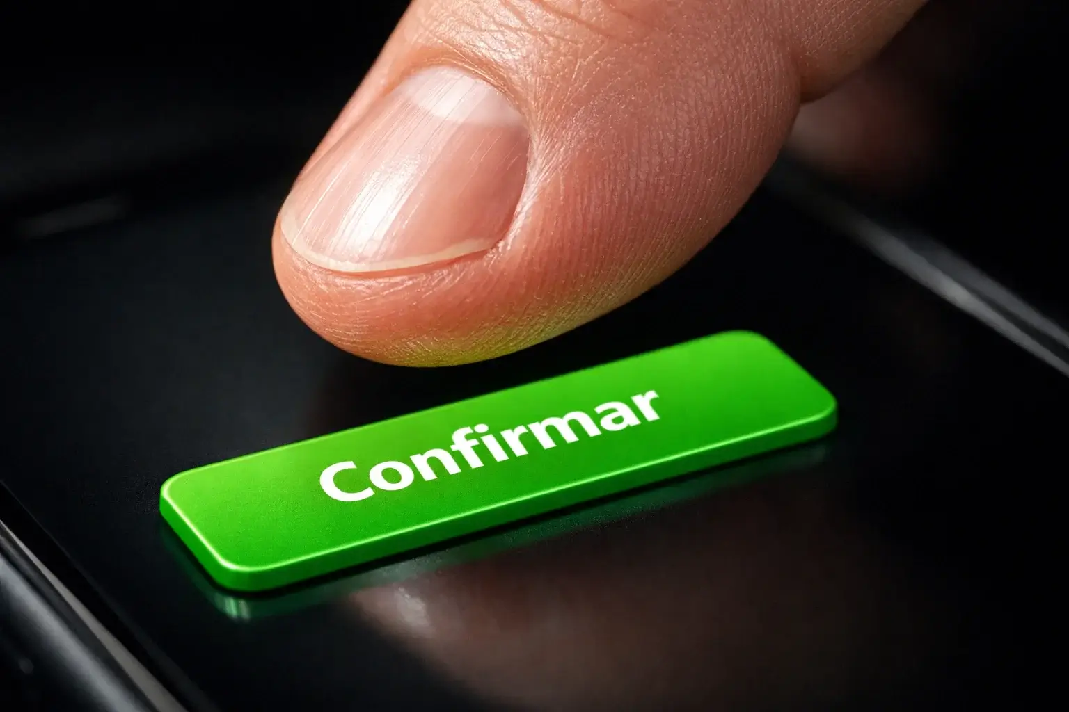 Mano presionando bot&oacute;n de decisi&oacute;n en pantalla t&aacute;ctil