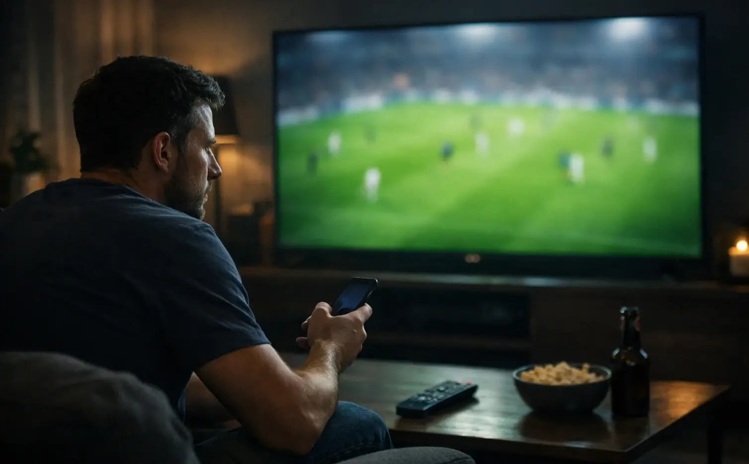 Aficionado siguiendo un partido de fútbol en vivo