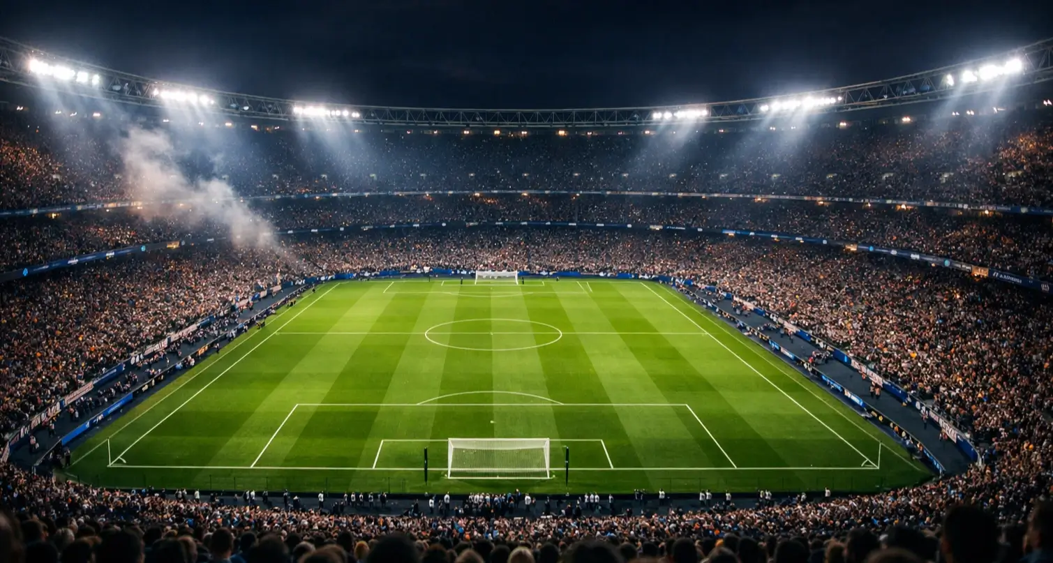 Estadio de fútbol europeo iluminado durante partido nocturno de Champions