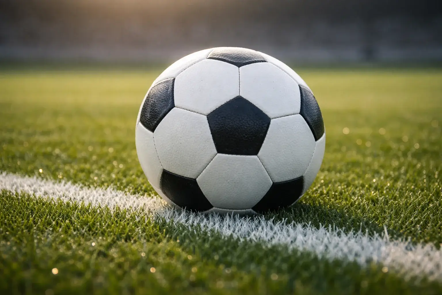 Balón de fútbol sobre césped natural con líneas blancas del campo de juego